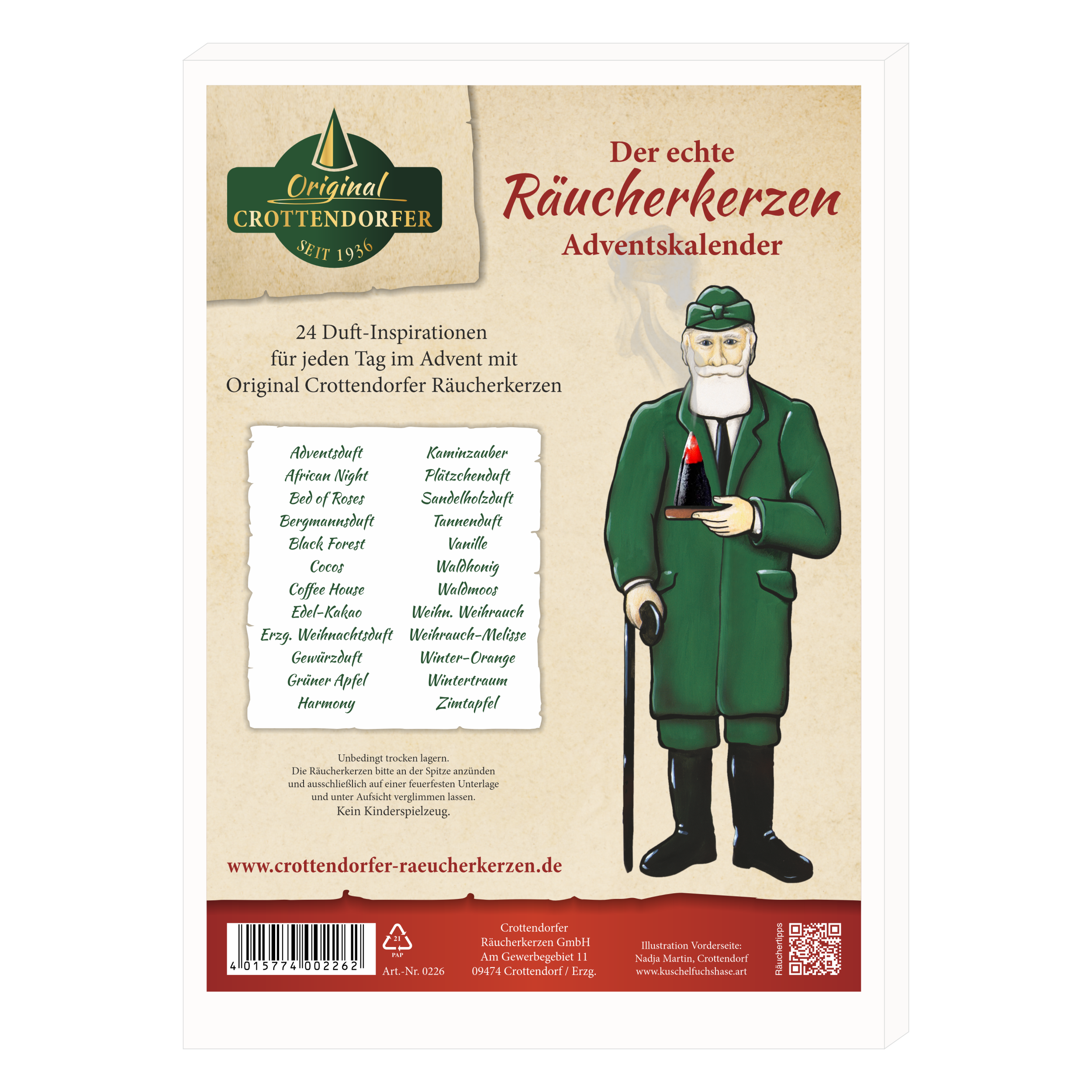 Verpackung für den „Räucherkerzen-Adventskalender 2026 – Hochformat“ von Original Crottendorfer Räucherkerzen, auf der eine grün gekleidete Figur mit einer Pfeife abgebildet ist, die den Geist der Erzgebirgischen Weihnachten einfängt, und die 24 einzigartige Räucherduftnoten bietet – eine für jeden Tag der Adventszeit.