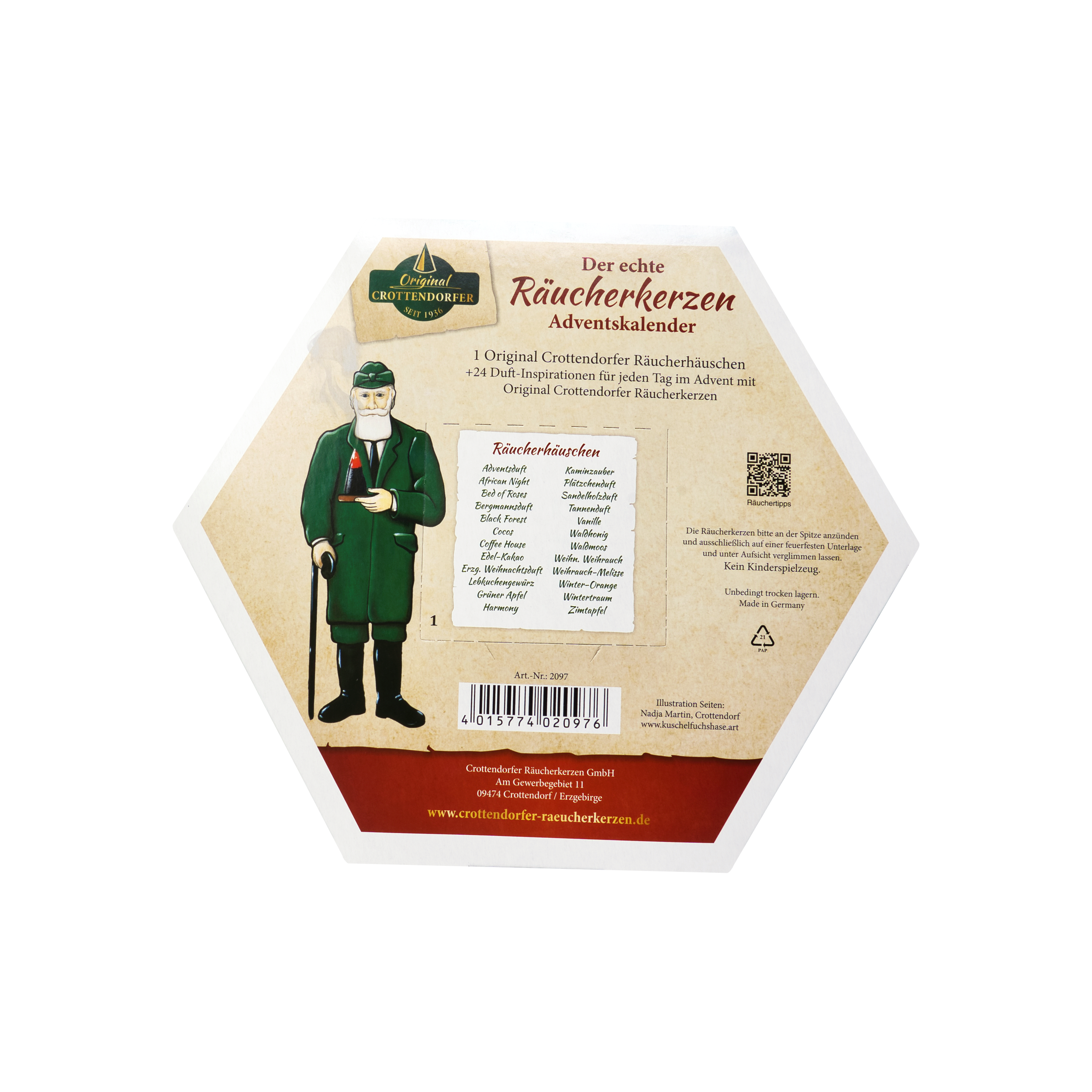 Sechseckiger Räucherkerzen-Adventskalender – Pyramide von Original Crottendorfer Räucherkerzen mit einer Comicfigur in Uniform und einer Liste mit 24 Räucherkerzen-Duftnoten.
