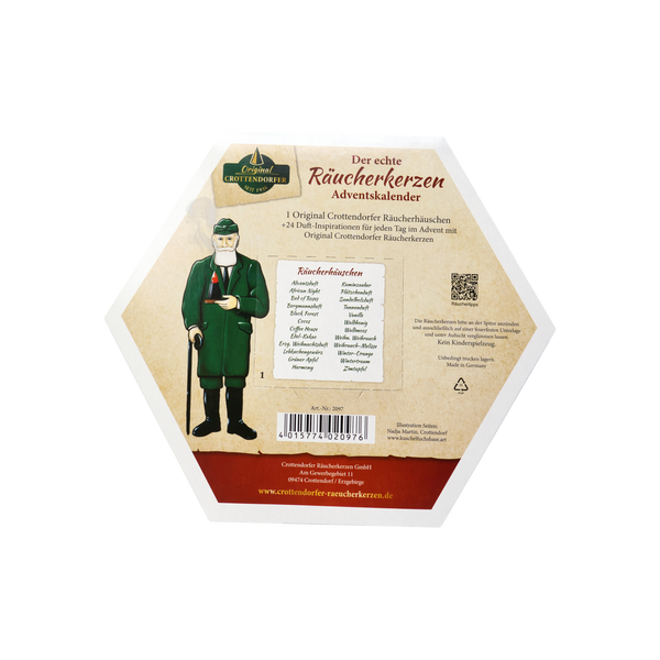 Sechseckiger Räucherkerzen-Adventskalender – Pyramide von Original Crottendorfer Räucherkerzen mit einer Comicfigur in Uniform und einer Liste mit 24 Räucherkerzen-Duftnoten.