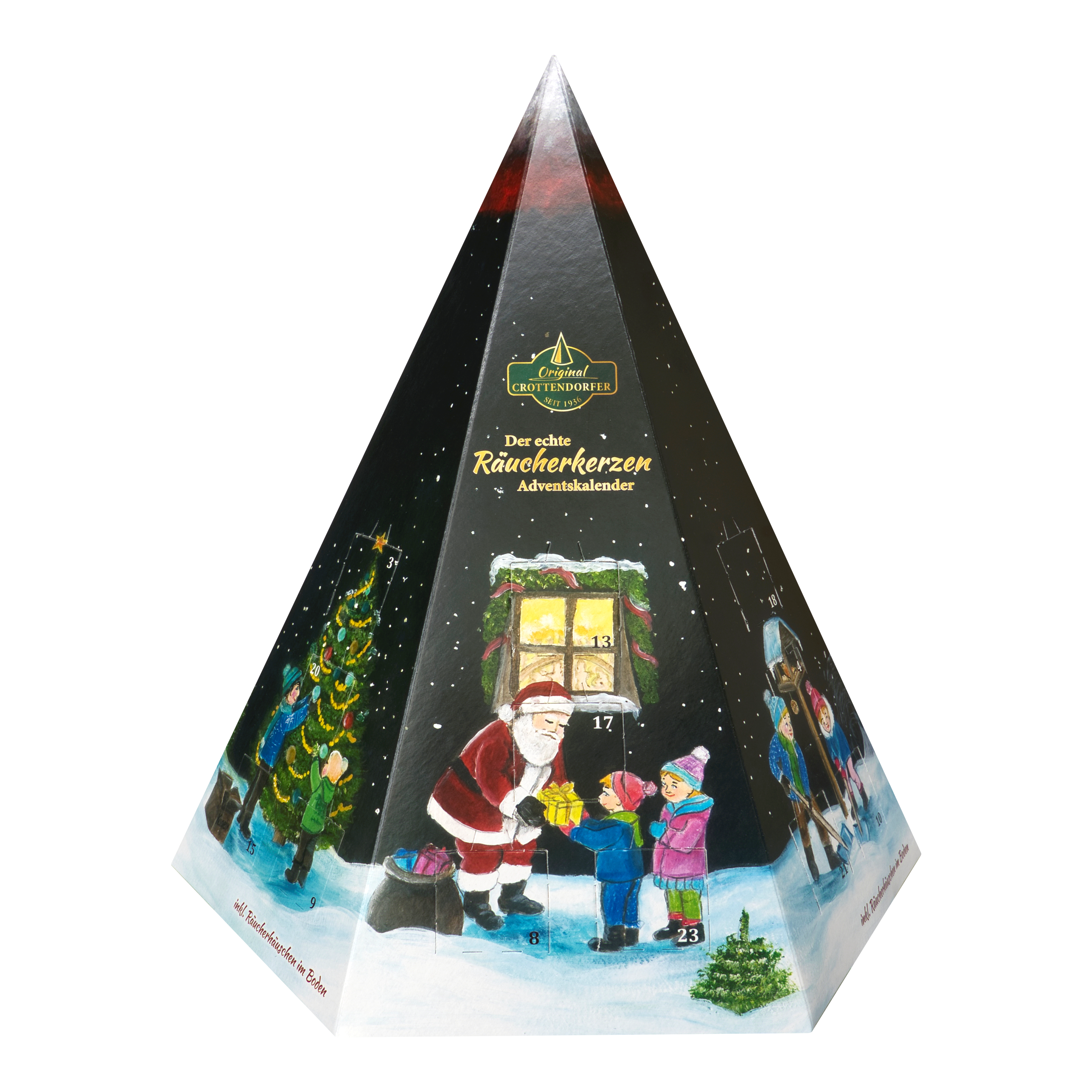 Original Crottendorfer Räucherkerzen-Adventskalender – Pyramide mit einer Weihnachtsszene, in der der Weihnachtsmann zwei Kindern ein Geschenk überreicht.