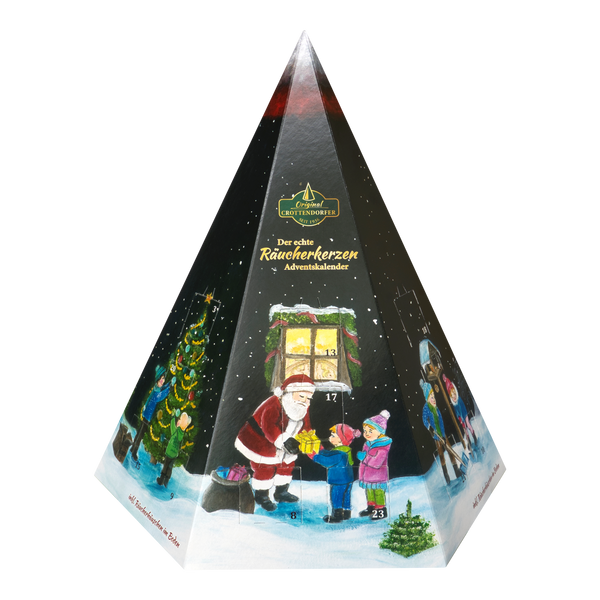 Original Crottendorfer Räucherkerzen-Adventskalender – Pyramide mit einer Weihnachtsszene, in der der Weihnachtsmann zwei Kindern ein Geschenk überreicht.