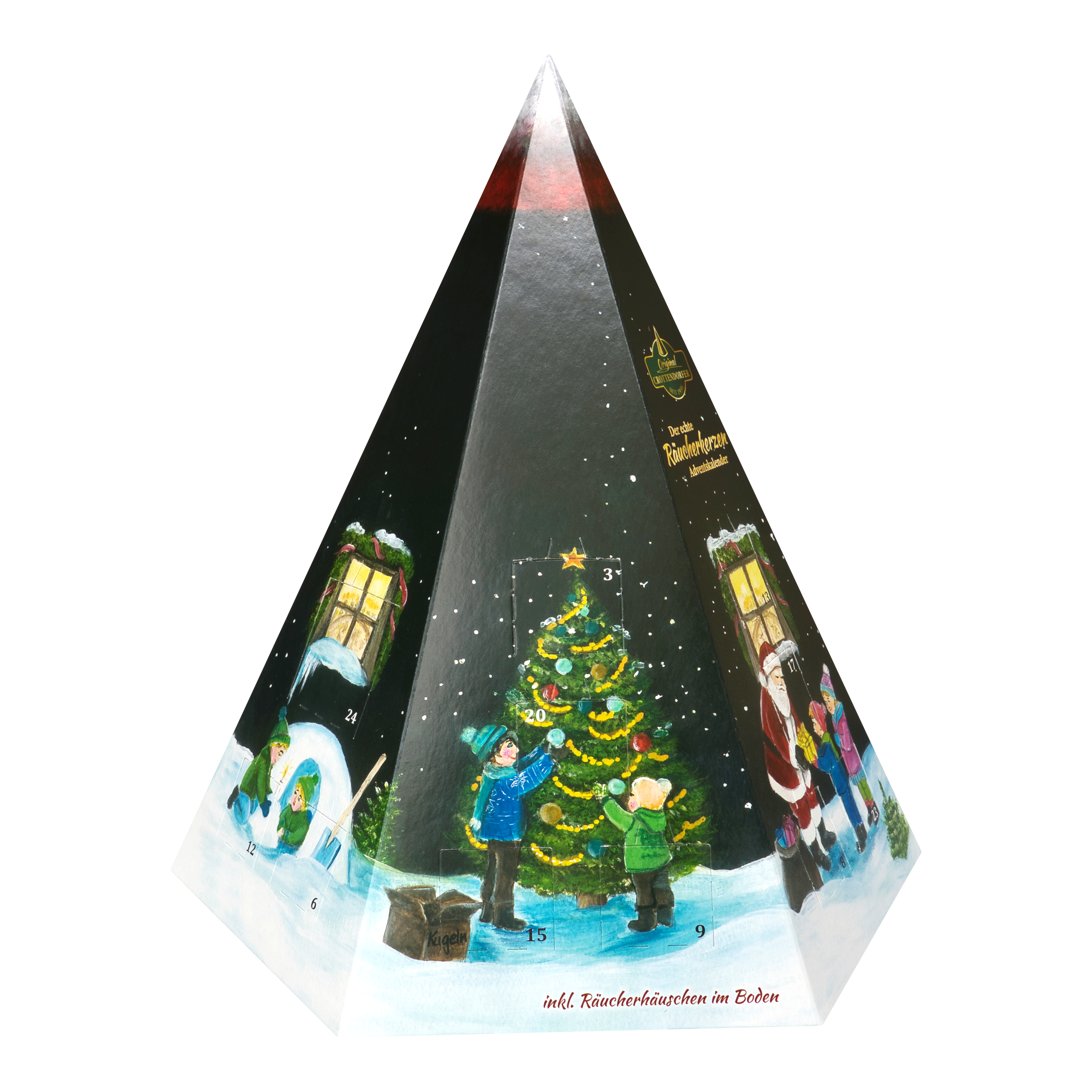 Original Crottendorfer Räucherkerzen – Räucherkerzen-Adventskalender – Pyramide mit festlichen Motiven: Kinder, die einen Baum schmücken, einen Schneemann und den Weihnachtsmann.
