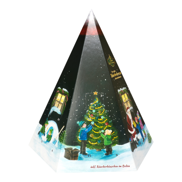 Original Crottendorfer Räucherkerzen – Räucherkerzen-Adventskalender – Pyramide mit festlichen Motiven: Kinder, die einen Baum schmücken, einen Schneemann und den Weihnachtsmann.