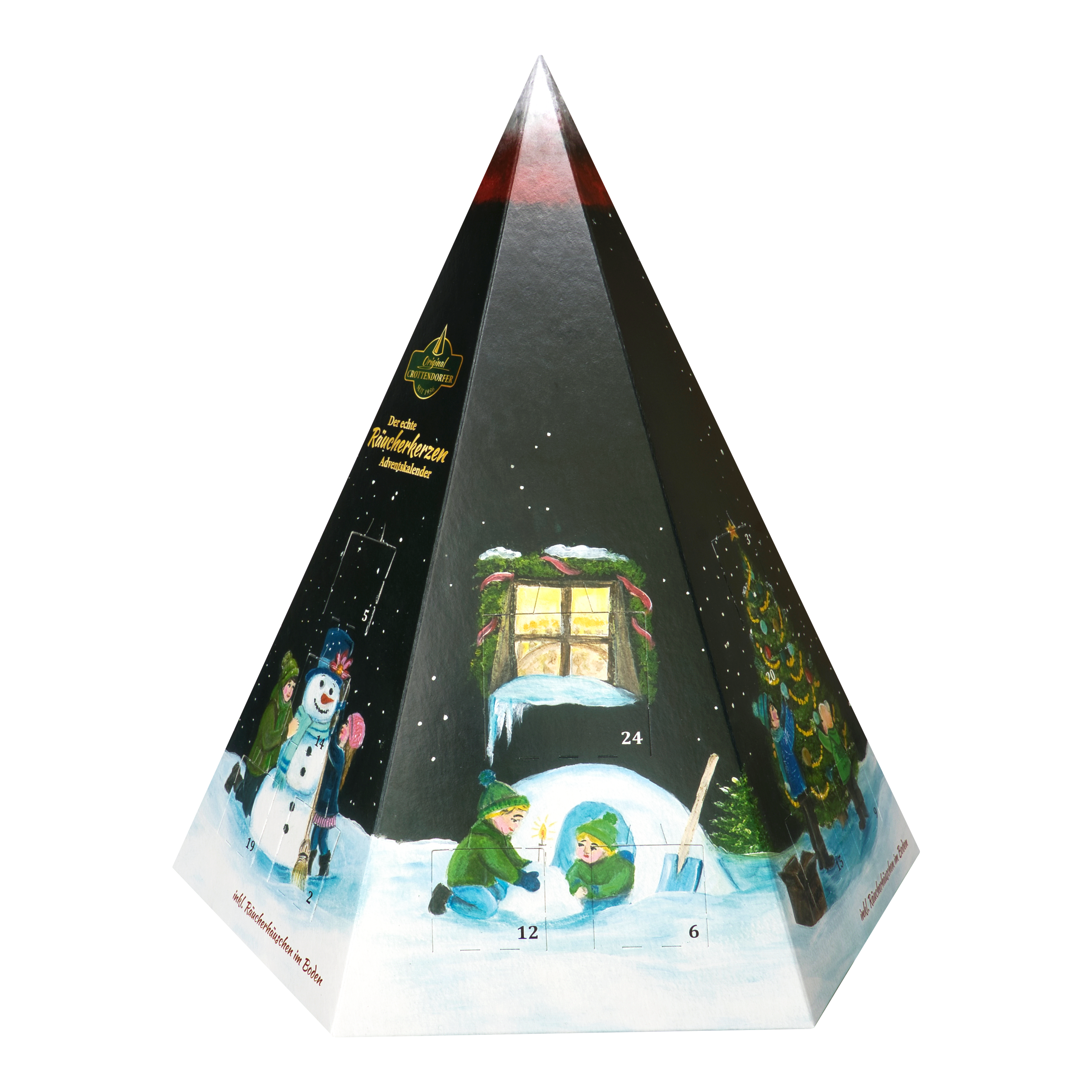 Pyramidenförmiger Räucherkerzen-Adventskalender – Pyramide mit illustrierten Winterszenen und nummerierten Türchen für jeden Tag im Dezember.