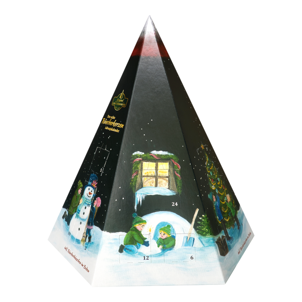 Pyramidenförmiger Räucherkerzen-Adventskalender – Pyramide mit illustrierten Winterszenen und nummerierten Türchen für jeden Tag im Dezember.