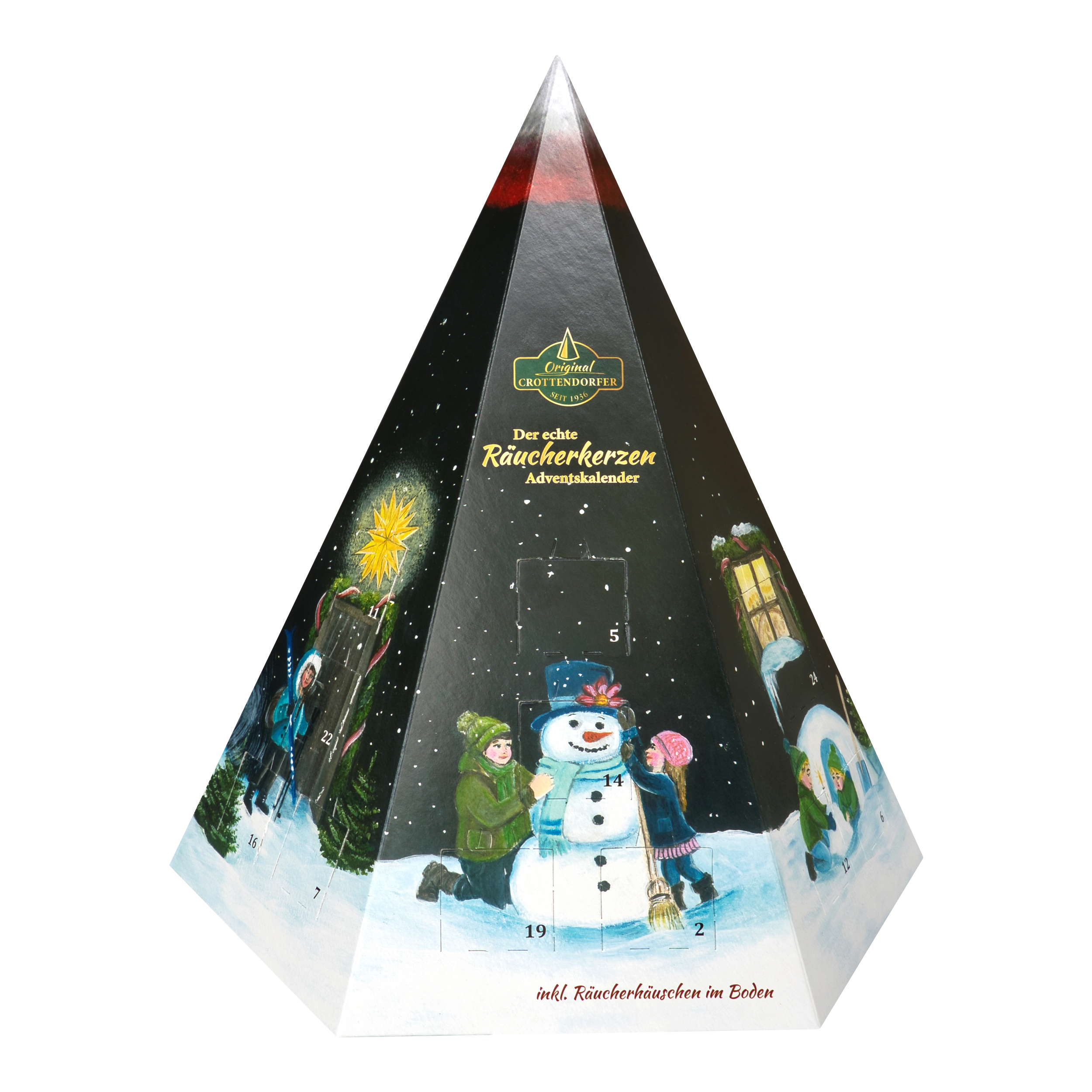Original Crottendorfer Räucherkerzen Räucherkerzen-Adventskalender – Pyramide mit winterlichen Motiven wie einem Schneemann und Kindern, mit 24 nummerierten, perforierten Türchen.