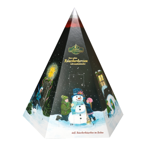 Original Crottendorfer Räucherkerzen Räucherkerzen-Adventskalender – Pyramide mit winterlichen Motiven wie einem Schneemann und Kindern, mit 24 nummerierten, perforierten Türchen.