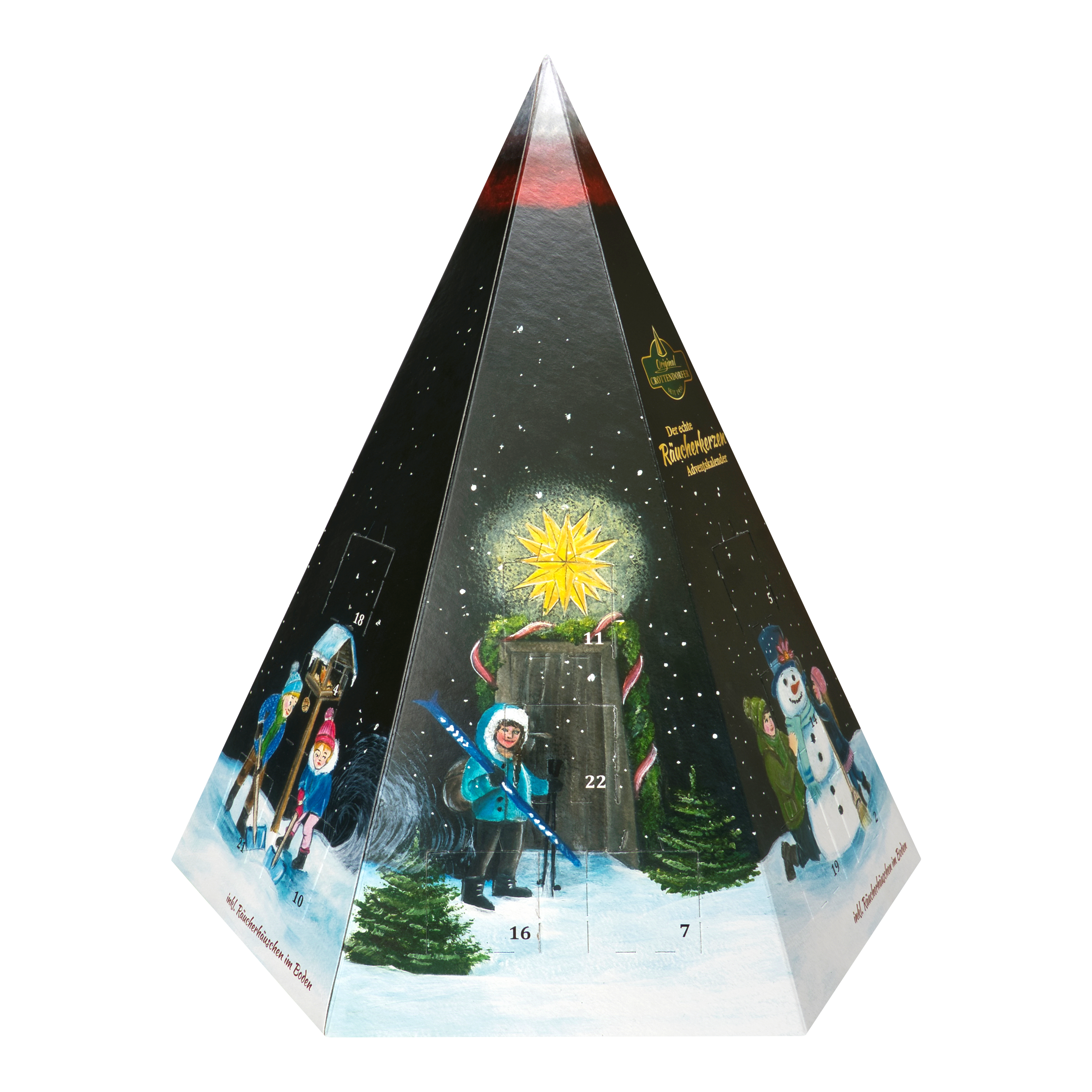 Original Crottendorfer Räucherkerzen – Räucherkerzen-Adventskalender – Pyramide mit einer Winterlandschaft, auf der Kinder, ein Schneemann und 24 nummerierte Türchen zu sehen sind.