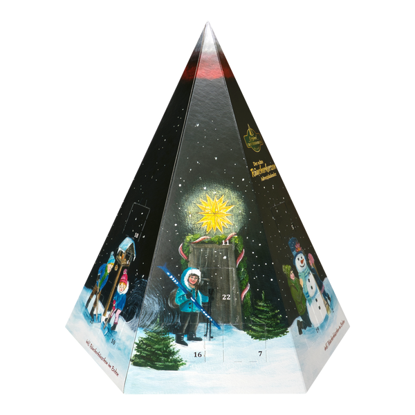 Original Crottendorfer Räucherkerzen – Räucherkerzen-Adventskalender – Pyramide mit einer Winterlandschaft, auf der Kinder, ein Schneemann und 24 nummerierte Türchen zu sehen sind.