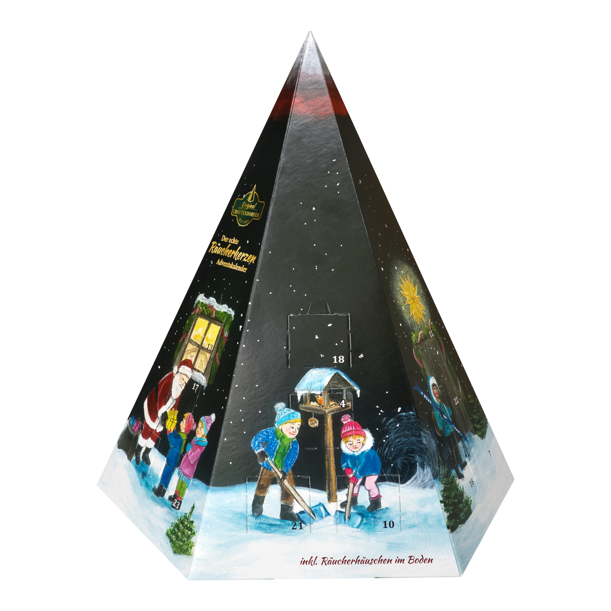 Original Crottendorfer Räucherkerzen – Räucherkerzen-Adventskalender – Pyramide mit Abbildungen von Kindern, die im Schnee spielen, nummerierten Türchen und 24 verschiedenen Düften.