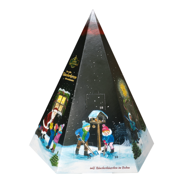 Original Crottendorfer Räucherkerzen – Räucherkerzen-Adventskalender – Pyramide mit Abbildungen von Kindern, die im Schnee spielen, nummerierten Türchen und 24 verschiedenen Düften.
