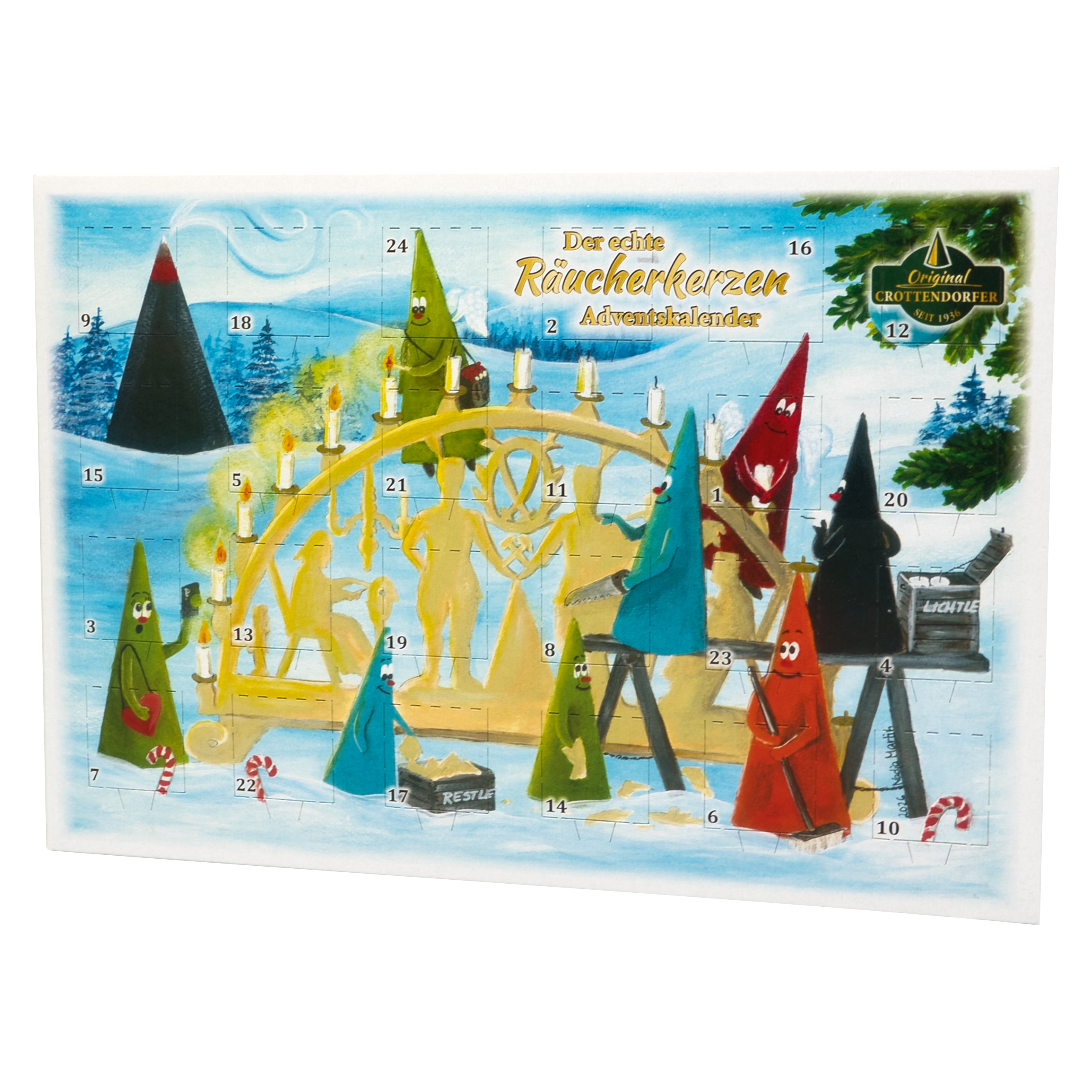 Der Räucherkerzen-Adventskalender 2026 – Querformat von Original Crottendorfer Räucherkerzen zaubert mit farbenfrohen, kegelförmigen Figuren eine festliche Szene herbei, in deren Mittelpunkt ein erzgebirgischer Holzbogen steht, der mit Kerzen und bezaubernden Figuren geschmückt ist. Nummerierte Türchen heben sich von einem schneeblauen Hintergrund ab, während einige Kegel verspielte Gesichter tragen; Tannenbäume und Zuckerstangen vervollständigen dieses bezaubernde weihnachtliche Bild.