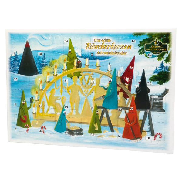 Der Räucherkerzen-Adventskalender 2026 – Querformat von Original Crottendorfer Räucherkerzen zaubert mit farbenfrohen, kegelförmigen Figuren eine festliche Szene herbei, in deren Mittelpunkt ein erzgebirgischer Holzbogen steht, der mit Kerzen und bezaubernden Figuren geschmückt ist. Nummerierte Türchen heben sich von einem schneeblauen Hintergrund ab, während einige Kegel verspielte Gesichter tragen; Tannenbäume und Zuckerstangen vervollständigen dieses bezaubernde weihnachtliche Bild.