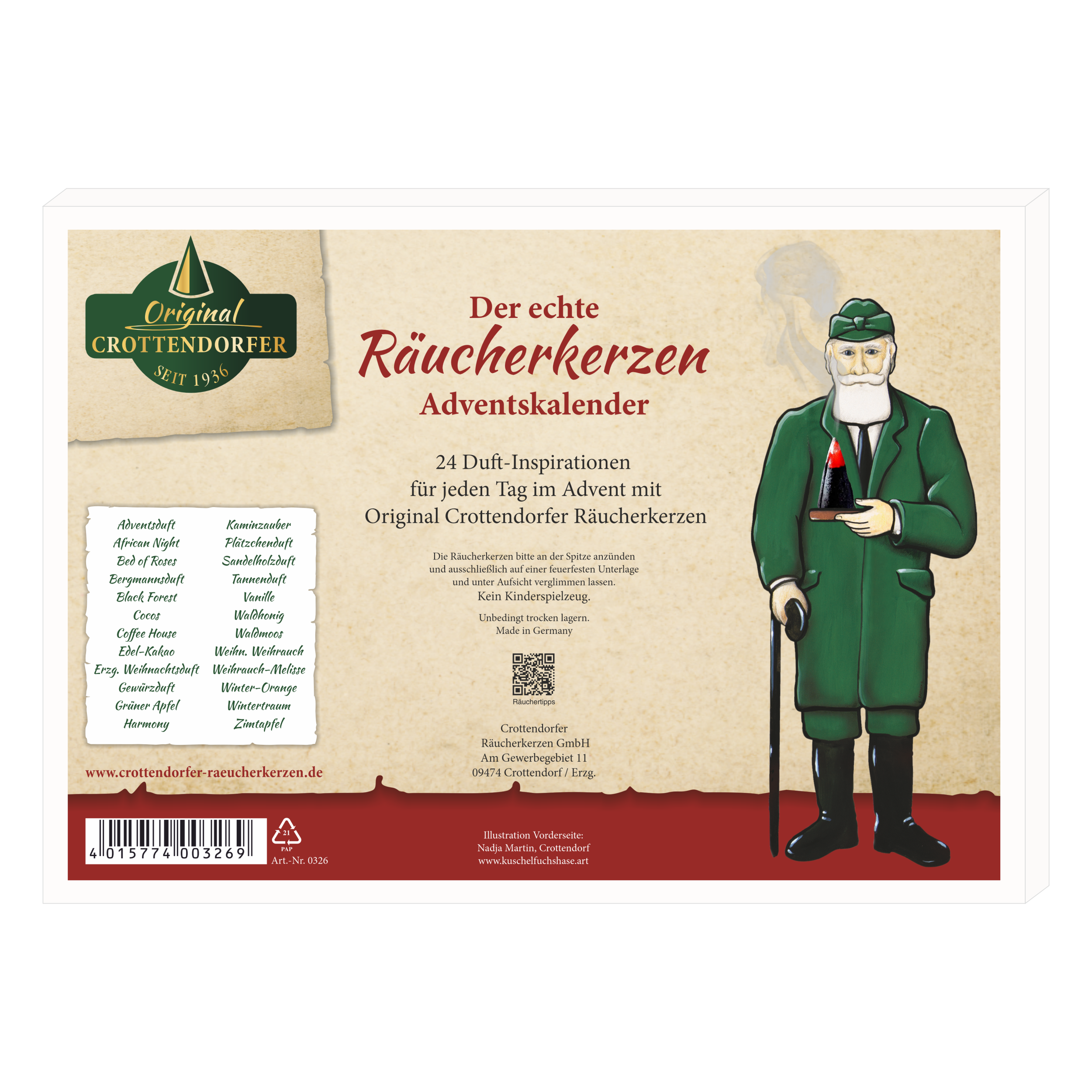 Der Räucherkerzen-Adventskalender 2026 – Querformat von Original Crottendorfer Räucherkerzen präsentiert sich in einer festlichen Verpackung mit der Abbildung eines bärtigen Mannes in grüner Tracht, der eine Laterne hält, und enthält deutsche Beschreibungen der 24 erzgebirgischen Räucherkerzen-Duftnoten – eine für jeden Tag des Adventskalenders.