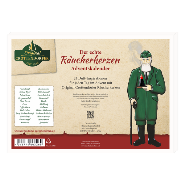 Der Räucherkerzen-Adventskalender 2026 – Querformat von Original Crottendorfer Räucherkerzen präsentiert sich in einer festlichen Verpackung mit der Abbildung eines bärtigen Mannes in grüner Tracht, der eine Laterne hält, und enthält deutsche Beschreibungen der 24 erzgebirgischen Räucherkerzen-Duftnoten – eine für jeden Tag des Adventskalenders.