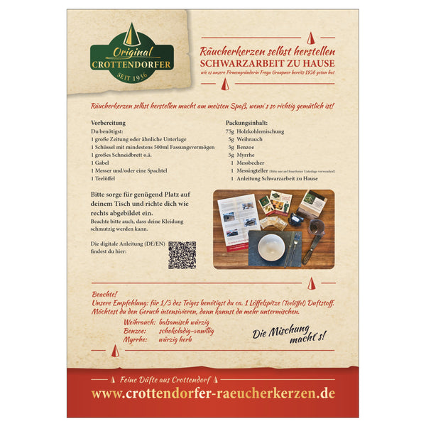 Deutsches Poster mit Anleitungen und Materialien für das Bastelset "Schwarzarbeit zu Hause" von Original Crottendorfer Räucherkerzen, mit Zubereitungsliste, Sicherheitshinweisen und einem Foto der Werkzeuge und Zutaten. Website und Informationen zur Marke finden Sie unten.