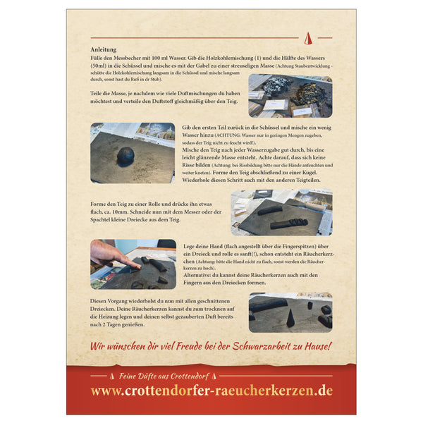 Das Bastelset "Schwarzarbeit zu Hause" von Original Crottendorfer Räucherkerzen enthält eine bebilderte Schritt-für-Schritt-Anleitung zum Selbermachen von schwarzen Kerzen mit Fotos und einem Link zur Website: www.crottendorfer-raeucherkerzen.de.