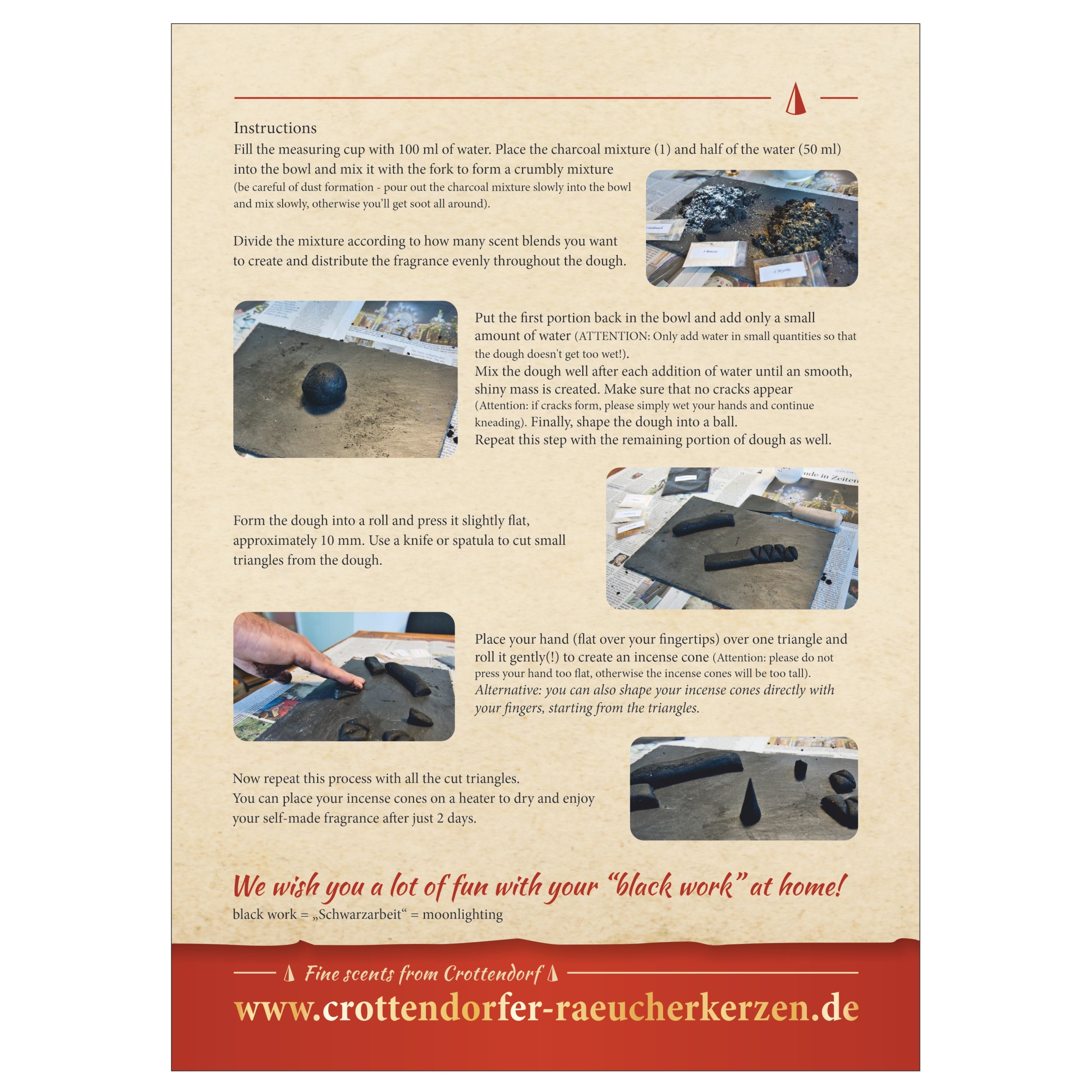 Anleitungsblatt für das Bastelset - 'Schwarzarbeit zu Hause' von Original Crottendorfer Räucherkerzen, mit Schritt-für-Schritt-Fotos und klaren Anweisungen zum Vorbereiten, Mischen, Formen und Trocknen. Besuchen Sie www.crottendorfer-raeucherkerzen.de.