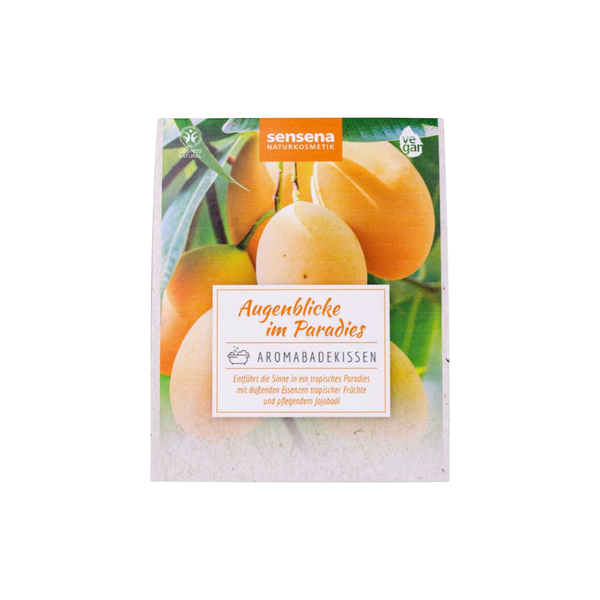Das vegane Aromabadekissen „Augenblicke im Paradies“ von Candle Factory besticht durch eine Verpackung mit tropischen Früchten auf weißem Hintergrund, die paradiesische Stimmung verströmt. Der Jojobaöl-Aufguss verspricht ein verwöhnendes Badeerlebnis.