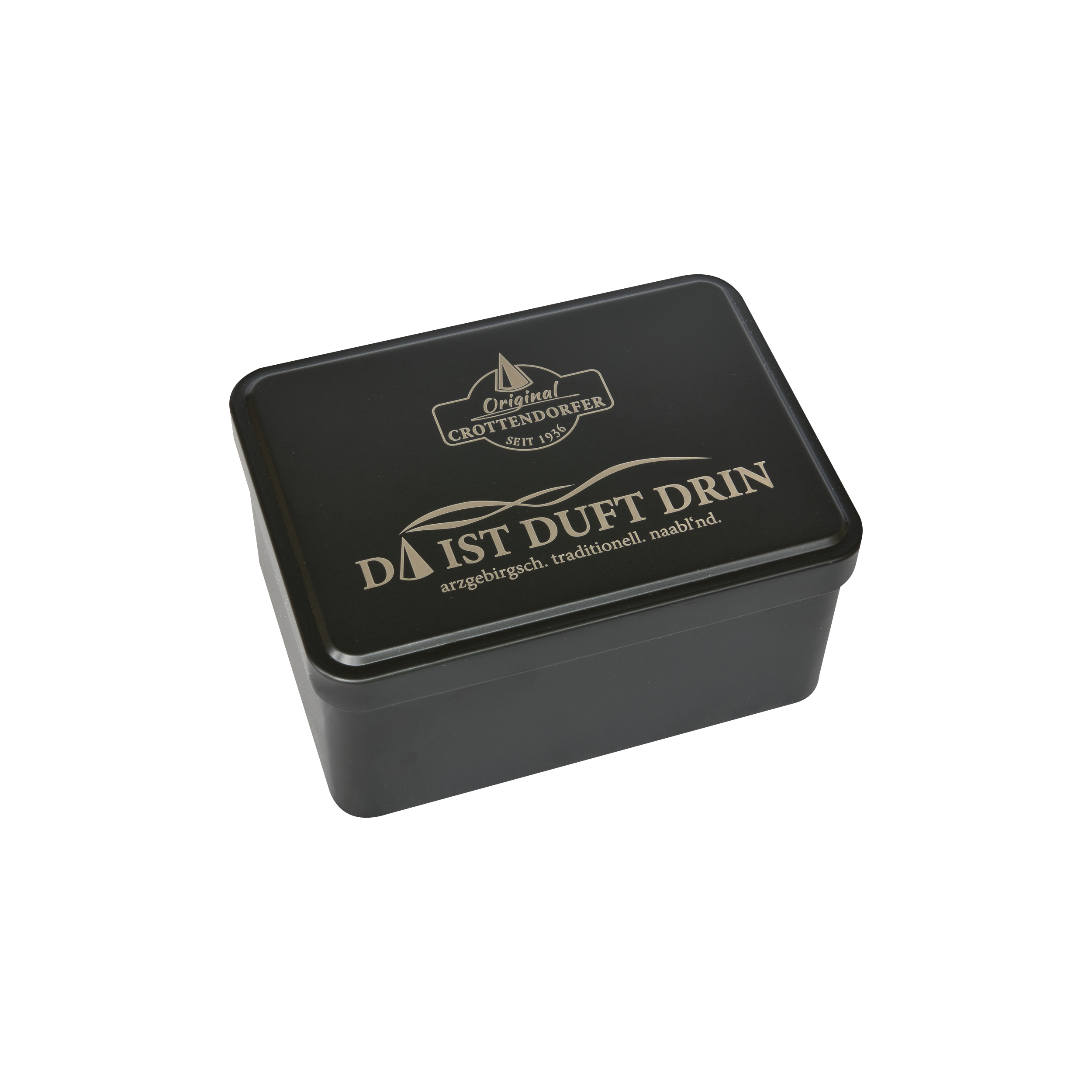 Eine rechteckige schwarze Aufbewahrungsbox von Original Crottendorfer im Stil einer Blechdose mit Scharnierdeckel, auf deren Deckel der goldene deutsche Schriftzug „DA IST DUFT DRIN“ sowie das Markenlogo zu sehen sind, fotografiert vor weißem Hintergrund.