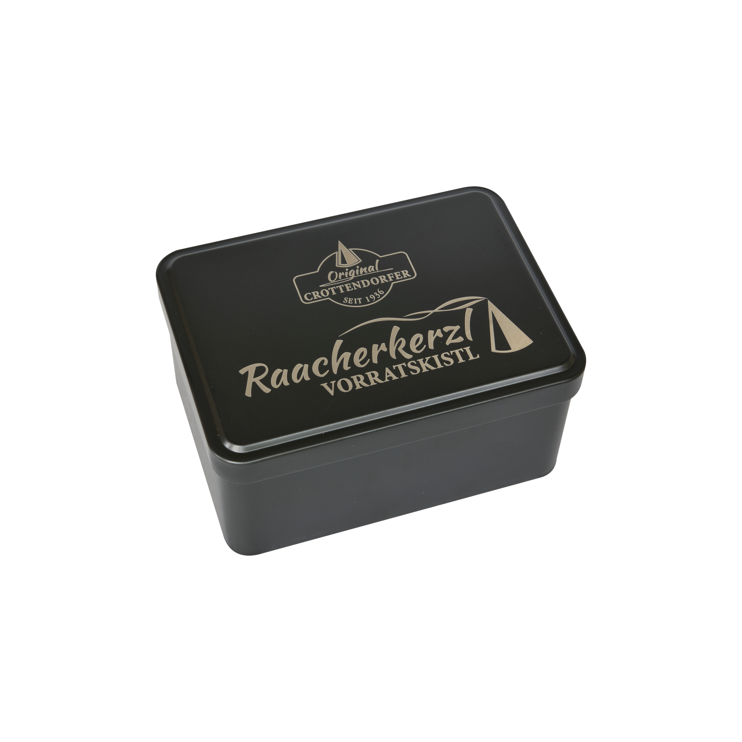 Vor einem schlichten weißen Hintergrund ist eine schwarze, rechteckige Aufbewahrungsbox von Original Crottendorfer zu sehen, die mit der Aufschrift „Raacherkerzl Vorratskistl“ versehen ist und mit einfachen Motiven eines Hauses und eines Räucherkegels verziert ist.