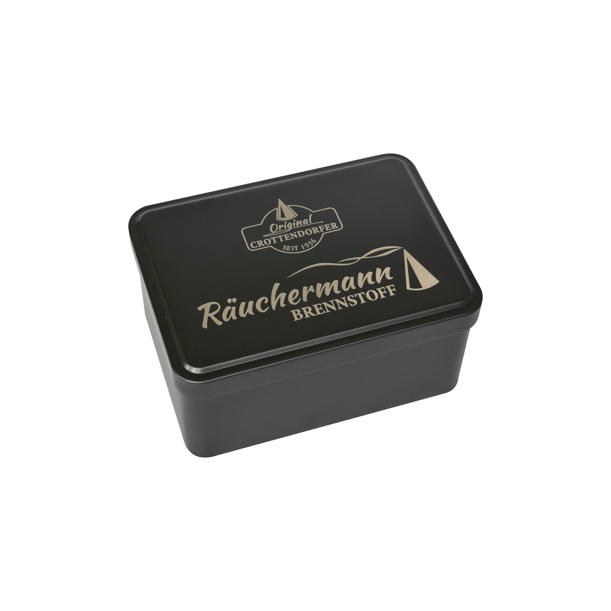 Die Original Crottendorfer Aufbewahrungsbox ist eine schwarze Blechdose mit Klappdeckel, beigem „Räuchermann Brennstoff“-Schriftzug und Räucherstäbchen-Motiven – ideal zur Aufbewahrung von Räucherstäbchen.