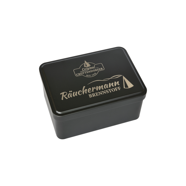 Die Original Crottendorfer Aufbewahrungsbox ist eine schwarze Blechdose mit Klappdeckel, beigem „Räuchermann Brennstoff“-Schriftzug und Räucherstäbchen-Motiven – ideal zur Aufbewahrung von Räucherstäbchen.