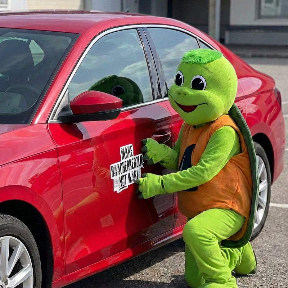 Eine Person in einem grünen Schildkrötenkostüm kniet neben einem roten Auto und klebt einen Original Crottendorfer-Aufkleber mit der Aufschrift 