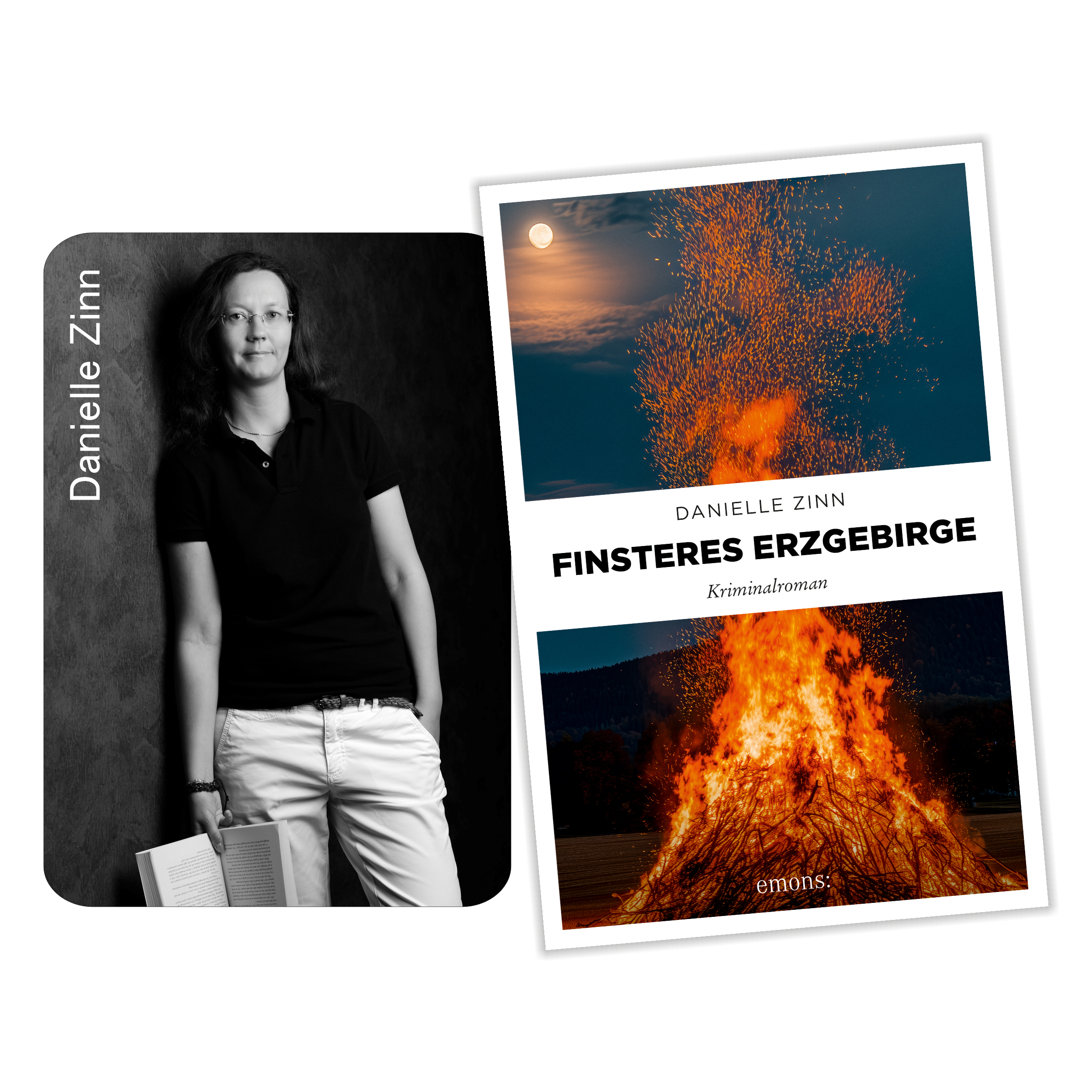 Schwarz-Weiß-Porträt der Kriminalroman-Autorin Danielle Zinn mit einem Buch in der Hand, daneben das Cover von 