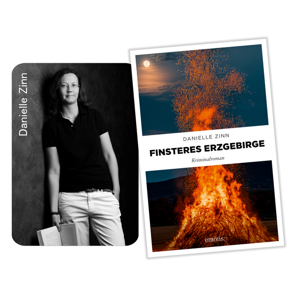 Schwarz-Weiß-Porträt der Kriminalroman-Autorin Danielle Zinn mit einem Buch in der Hand, daneben das Cover von "Finsteres Erzgebirge". Ticket Romanlesung: 07.03.26 & 14.03.26, 14 Uhr, von Original Crottendorfer.