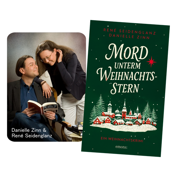 Die Autoren René Seidenglanz und Danielle Zinn neben dem Buchcover für die Ticket-Lesung Mord unterm Weihnachtsstern am 30.01.27, 31.01.27, 27.02.27 und 28.02.27 ab 14 Uhr, mit einem verschneiten Dorf als Kulisse.