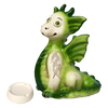 Eine leuchtend grüne Drachenfigur aus Keramik mit großen Augen und fröhlichem Gesichtsausdruck sitzt neben einem kleinen weißen Aschenbecher. Dieser skurrile KU Drache Grün von Kurilin DECO verfügt über detaillierte Flügel und strukturierte Schuppen und zeigt seine handgefertigte ukrainische Handwerkskunst.