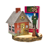 Auf einem Holzsockel mit zwei kegelförmigen Räucherkerzen sitzt ein kleines dekoratives Räucherhäuschen, das einem roten Backsteinhaus mit „62“ und einer Blumentür ähnelt. Das Set stammt aus dem Geschenkset Räucherhäuschen + Räucherkerzen von Original Crottendorfer Räucherkerzen und zeichnet sich durch seinen einzigartigen Geschenkinhalt aus.