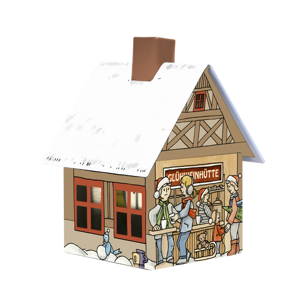 Die Räucherhäuschen-Glühweinhütte von Original Crottendorfer Räucherkerzen ist ein bezauberndes, illustriertes Haus mit einem schneebedeckten Dach, festlichen Figuren, einem Schneemann, metallischen Details und einer Tasse neben der Tür – perfekt, um eine weihnachtliche Atmosphäre zu schaffen.