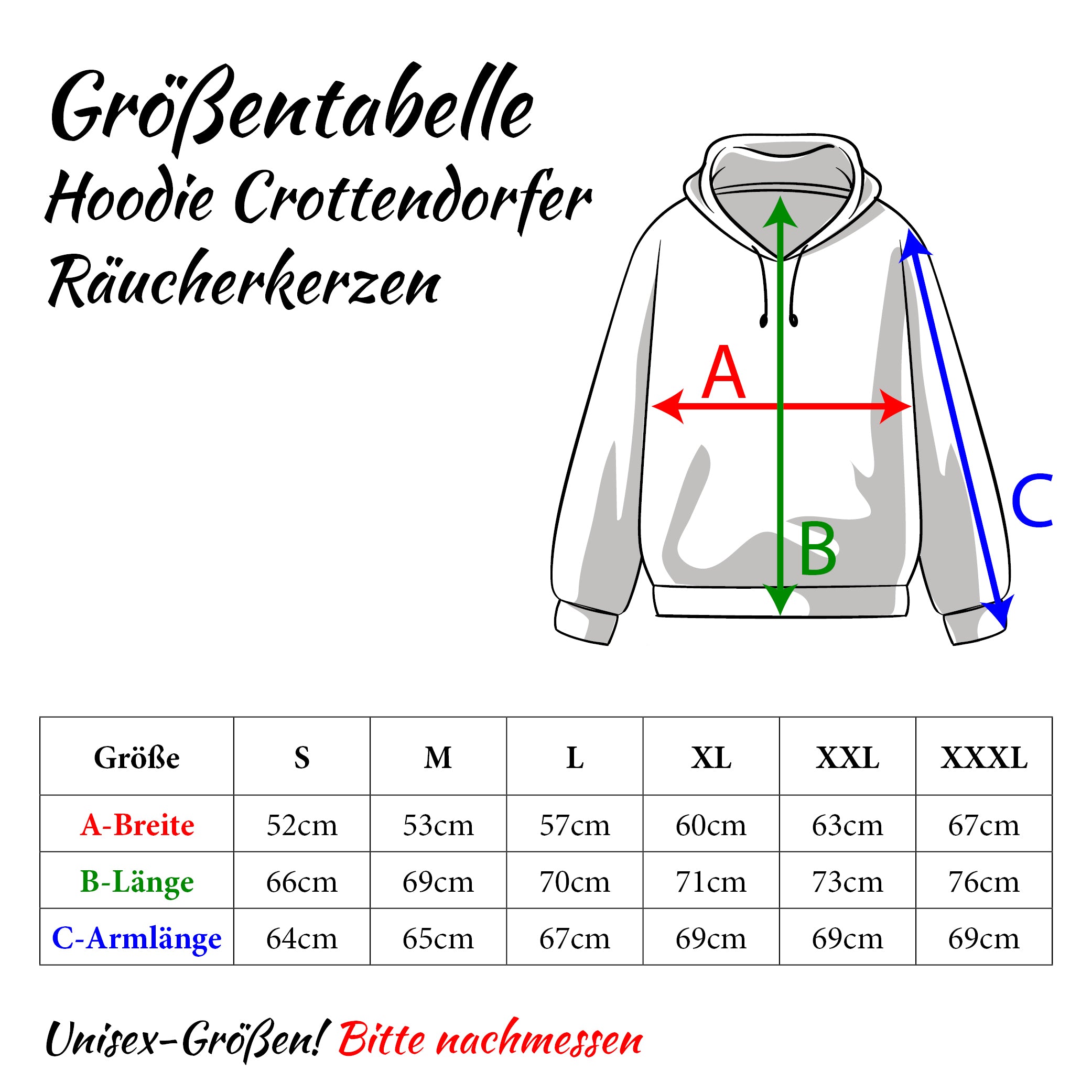 Exklusive Größentabelle für den Kapuzenpullover Hoodie Crottendorfer Räucherkerzen von Original Crottendorfer: Diagramm mit Breite (A), Länge (B), Ärmellänge (C); Größen S bis XXXL im Streetwear-Look.