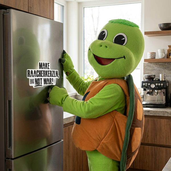 Als Schildkröte verkleidet, klebt jemand den Sticker "Mach Raacherkerzln, nicht Krieg!" von Original Crottendorfer auf einen Küchenkühlschrank. Der Aufkleber zelebriert erzgebirgische Tradition und den Charme der Raacherkerzln.