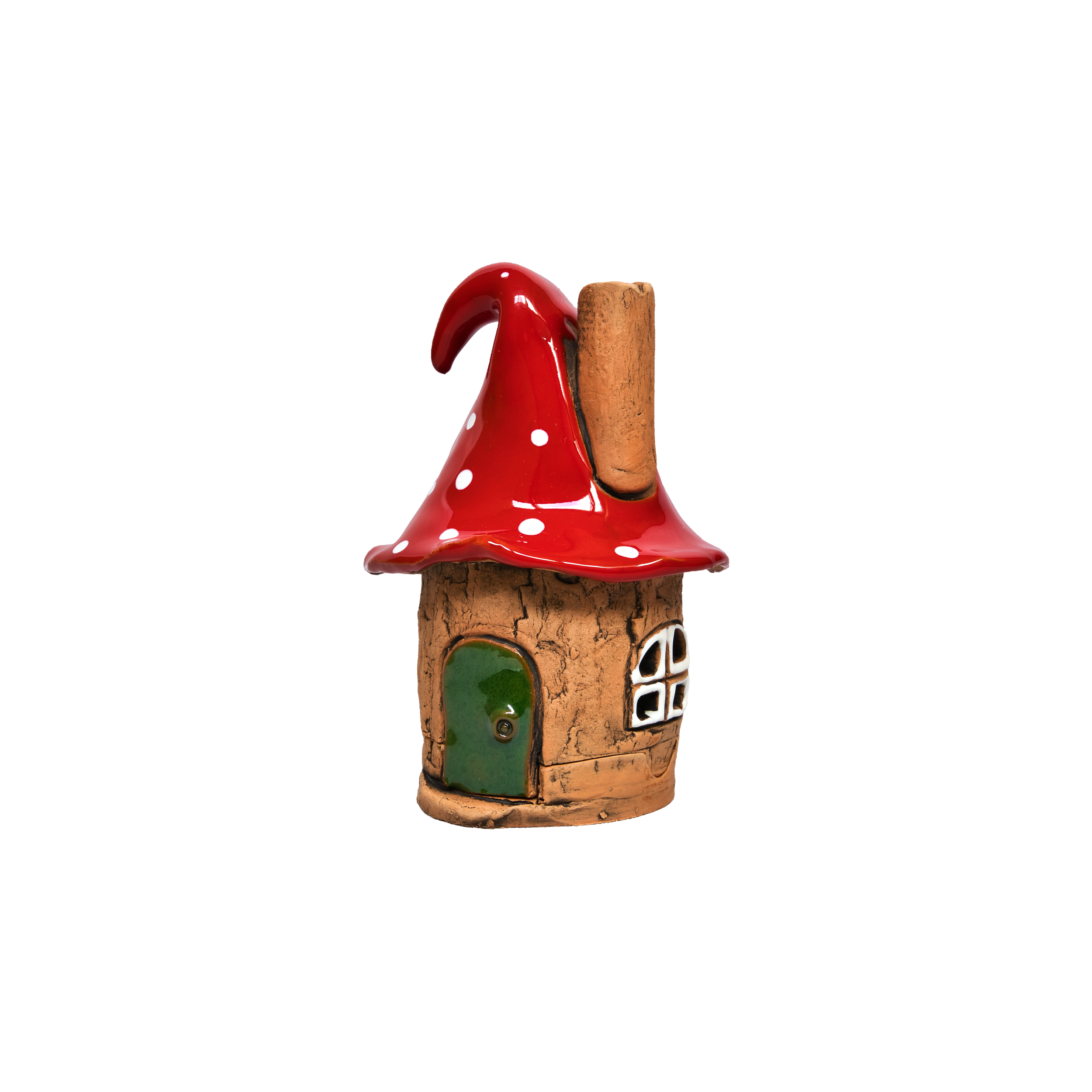 Die Original Crottendorfer Räucherhaus Keramik Zipfelmütze ist ein kleines, liebevoll gefertigtes Keramik-Räucherhaus in Form eines Pilzes mit rot gefleckter Kappe, grüner Tür, Schornstein und weiß gerahmten Fenstern auf schlichtem weißem Grund.