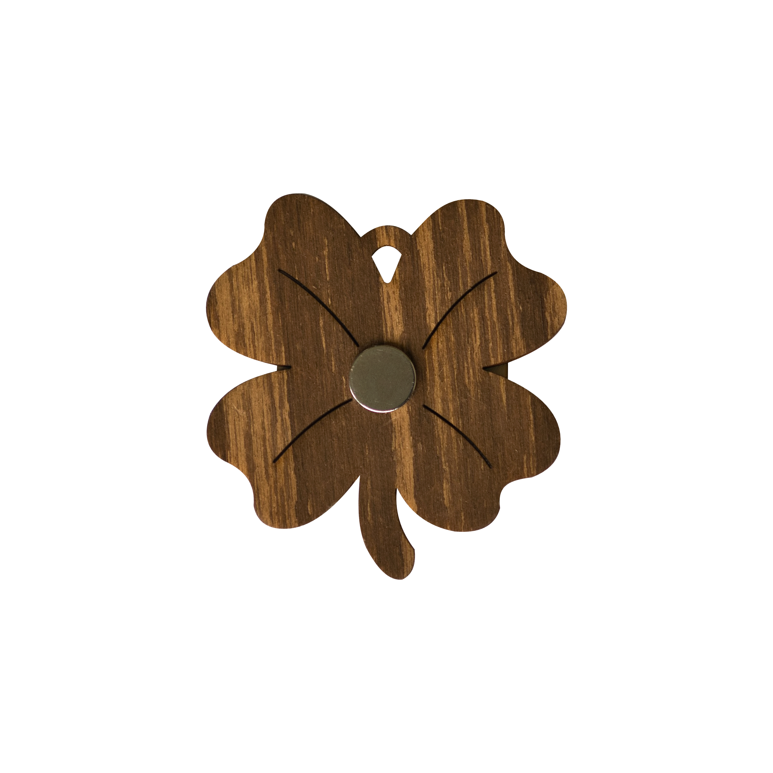 Der Crottendorfer Magnet aus Holz von Original Crottendorfer ist ein hölzernes vierblättriges Kleeblatt mit Metallkreis und Logo, das als markanter Kühlschrankmagnet auf weißem Grund präsentiert wird.