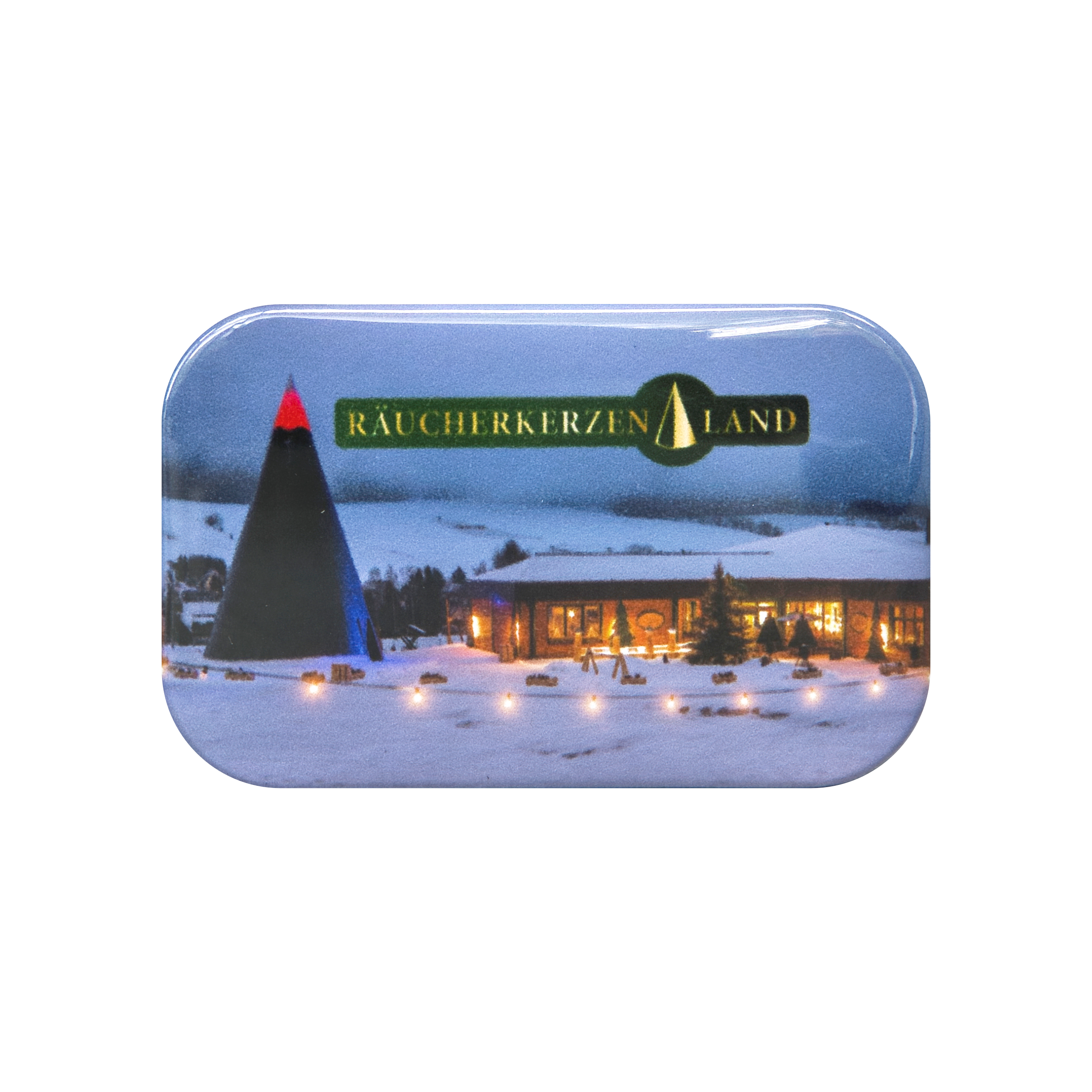Rechteckiger Original-Crottendorfer-Magnet von Räucherkerzenland mit einem Winterfoto, das eine verschneite Landschaft mit einem Gebäude, einem kegelförmigen Bauwerk und einem passenden Text zeigt.