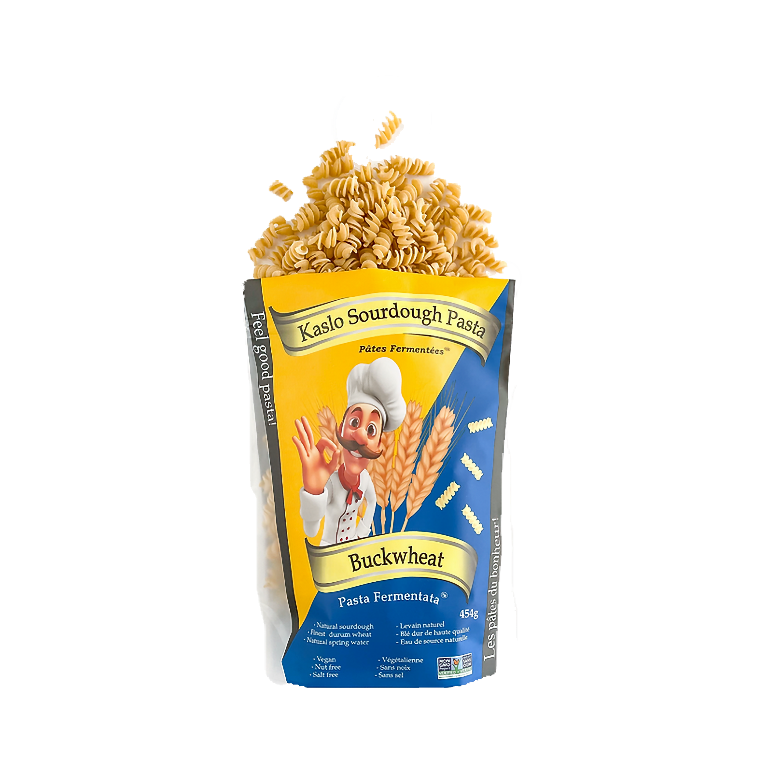 Eine Tüte Miriquidi Sauerteig Pasta - Buchweizen von Miriquidi Sauerteig Pasta, mit einer Illustration eines Kochs und Weizens. Aus der geöffneten Tüte quellen vegane Buchweizenspiralen hervor, die die bessere Verdaulichkeit unterstreichen.