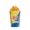 Eine Tüte Miriquidi Sauerteig Pasta - Buchweizen von Miriquidi Sauerteig Pasta, mit einer Illustration eines Kochs und Weizens. Aus der geöffneten Tüte quellen vegane Buchweizenspiralen hervor, die die bessere Verdaulichkeit unterstreichen.