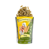Ein stehender gelber Beutel mit Miriquidi Sauerteig Pasta - Hanf zeigt spiralförmige Rotini, die herausquellen. Die Verpackung zeigt einen Cartoon-Koch, Weizen- und Hanfpflanzen und hebt diese einzigartige vegane Pasta von Miriquidi Sauerteig Pasta hervor.