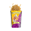 Eine Packung Miriquidi Sauerteig Pasta - Quinoa mit spiralförmig herausquellenden veganen Nudeln, Cartoon-Koch und Weizengrafik sowie Produktdetails auf einer lila-gelben Tüte vor weißem Hintergrund.