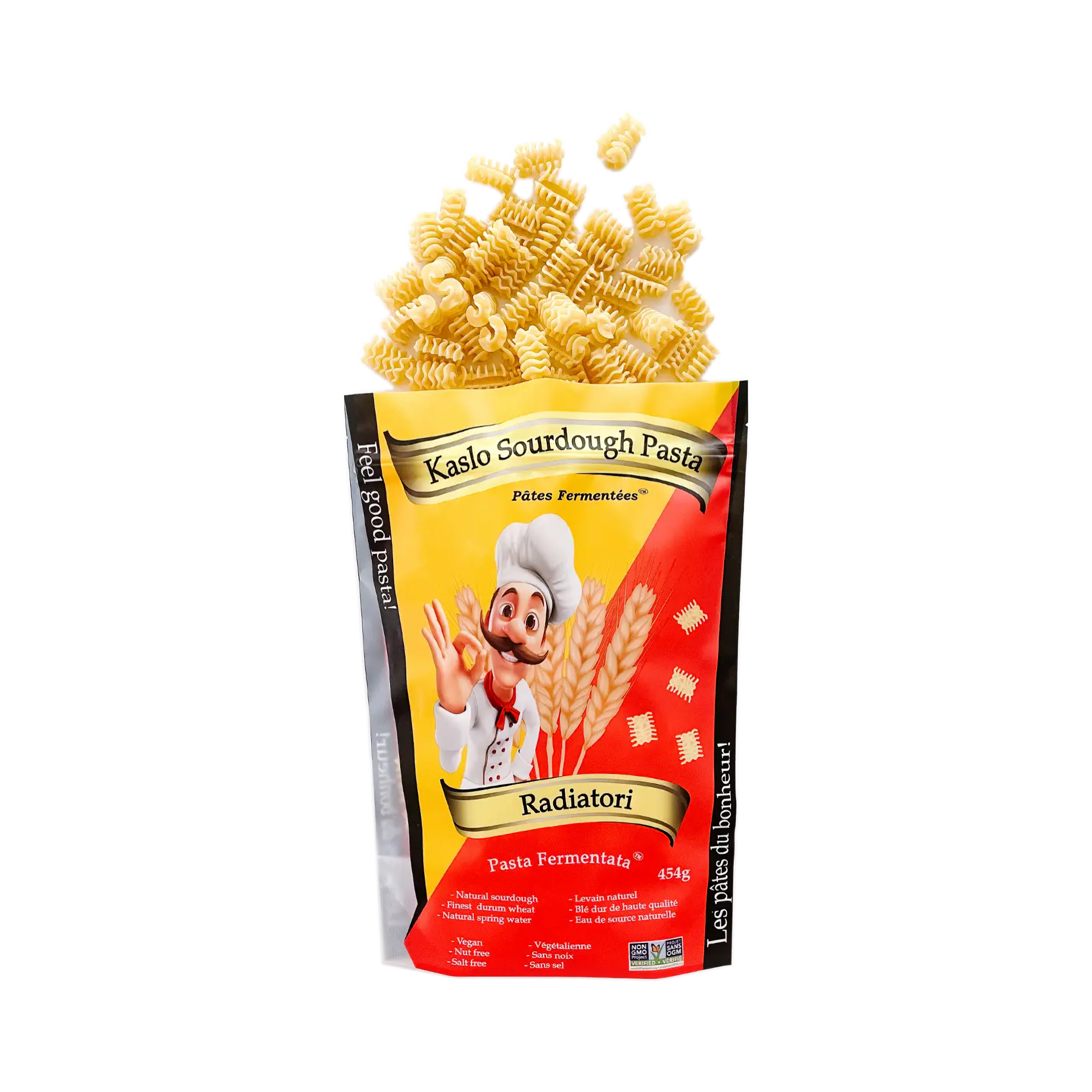 Ein geöffneter Beutel Miriquidi Sauerteig Pasta - Radiatori, spiralförmige Sauerteigpasta, quillt heraus. Die Verpackung zeigt einen Cartoon-Koch, eine Weizengrafik und Produktangaben auf weißem Hintergrund. Marke: Miriquidi Sauerteig Teigwaren.
