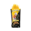 Eine Verpackung von Miriquidi Sauerteig Pasta - Spaghetti steht aufrecht und zeigt oben trockene Sauerteignudeln. Die gelb-schwarze Verpackung trägt die Aufschrift Miriquidi Sauerteig Pasta und zeigt einen Cartoon-Koch mit Weizenstängeln.