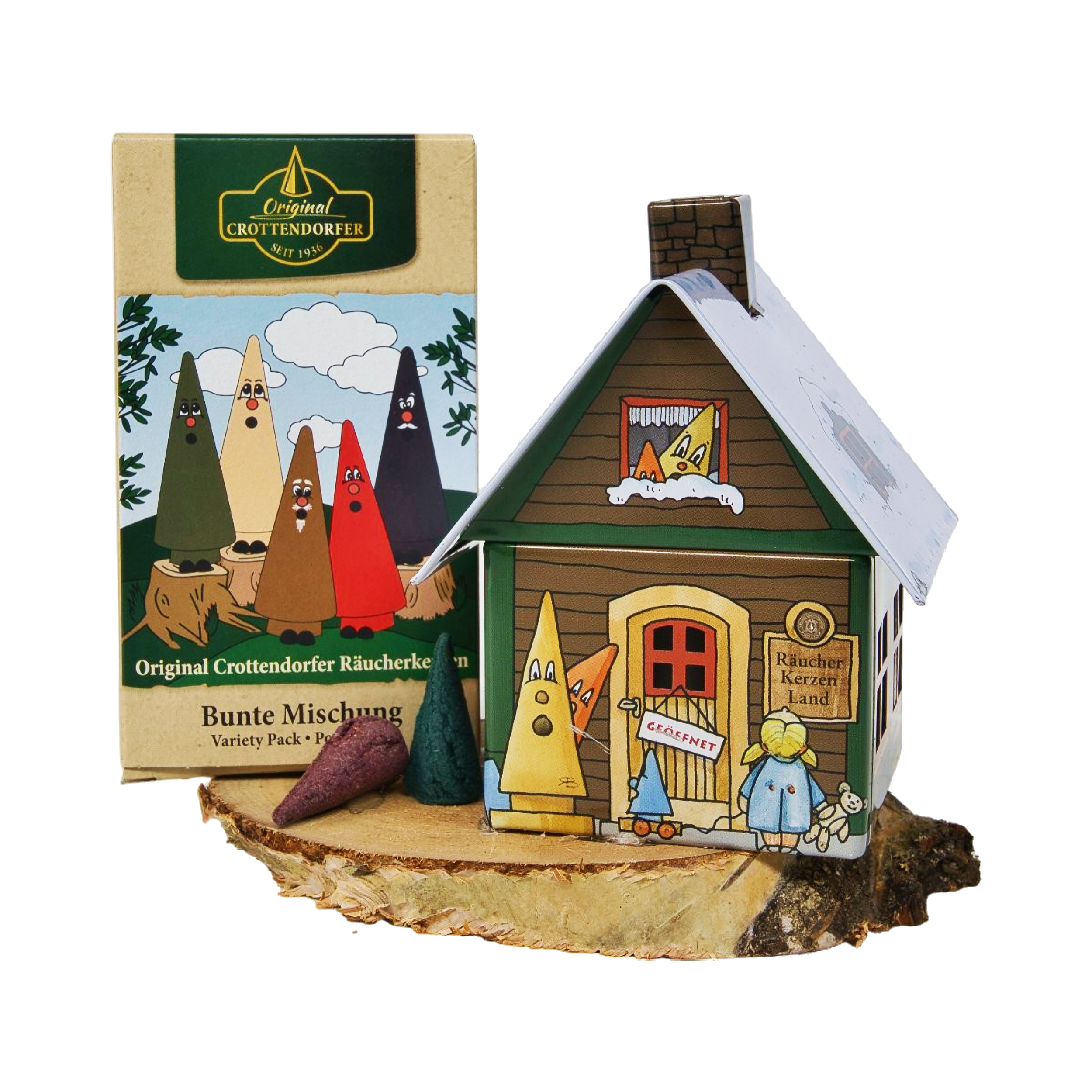 Das Geschenkset „Räucherhäuschen + Räucherkerzen“ von Original Crottendorfer Räucherkerzen enthält einen dekorativen Räucherhalter mit Comicfiguren auf einem Holzsockel, bunte Kegelräucherstäbchen sowie eine Schachtel mit der Aufschrift „Bunte Mischung“ – ein ideales Geschenkset.
