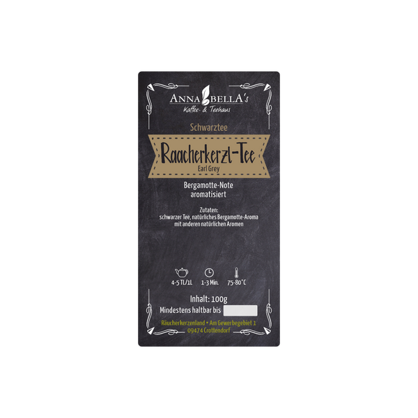 Der Schwarztee „Raacherkerzl-Tee“ von Original Crottendorfer ist ein herrlicher Schwarztee mit Bergamotte-Aroma in der 100g-Packung mit deutschem Text und Ziehanleitung, perfekt für Teeliebhaber, die ein klassisches Erlebnis suchen.