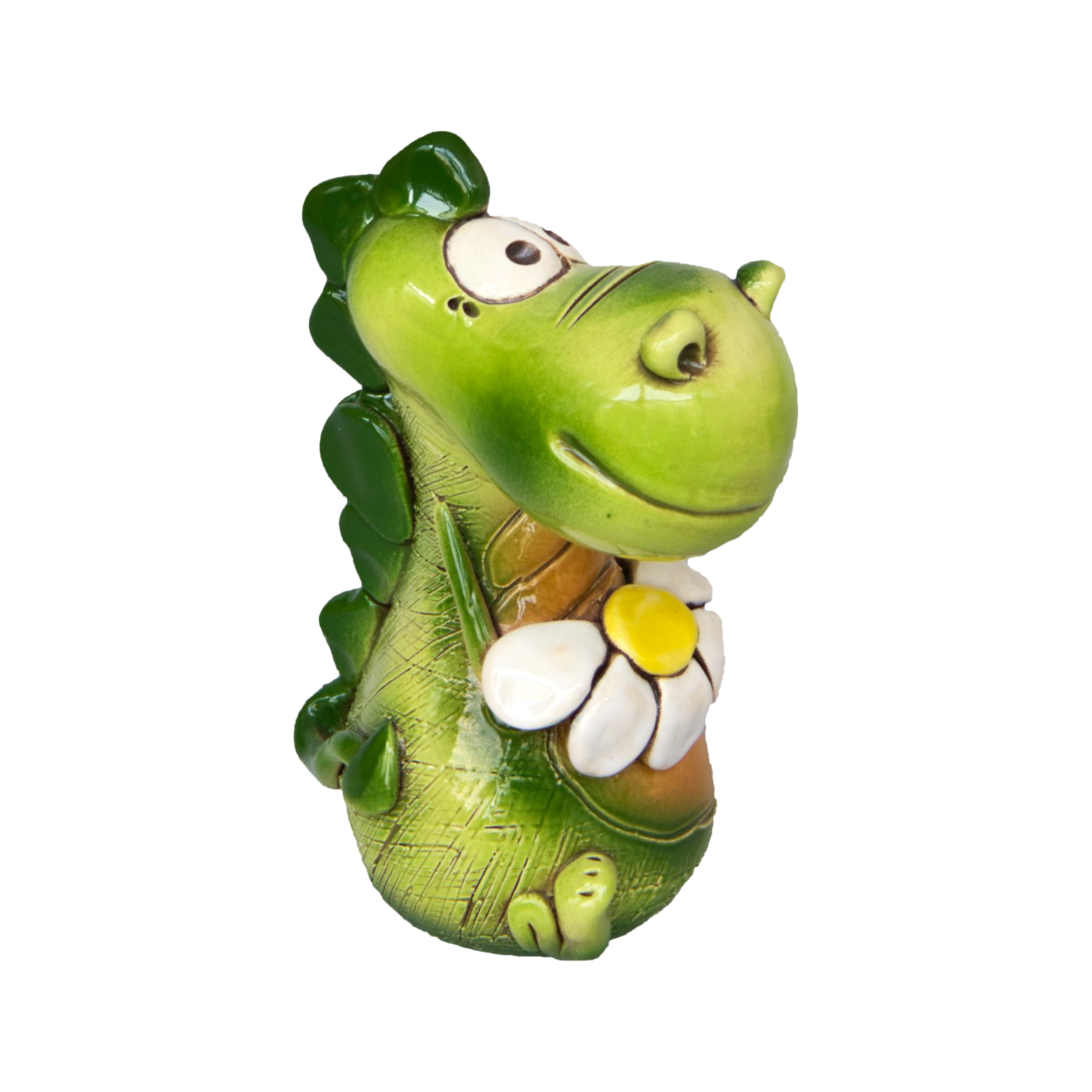 Der KU Räucherdrache mit Blume von Kurilin DECO ist eine charmante grüne Drachenfigur aus Keramik, die aufrecht steht, lächelt und ein weißes Gänseblümchen mit gelber Mitte hält. Sie hat große Augen, strukturierte Schuppen und ein handgefertigtes Aussehen.