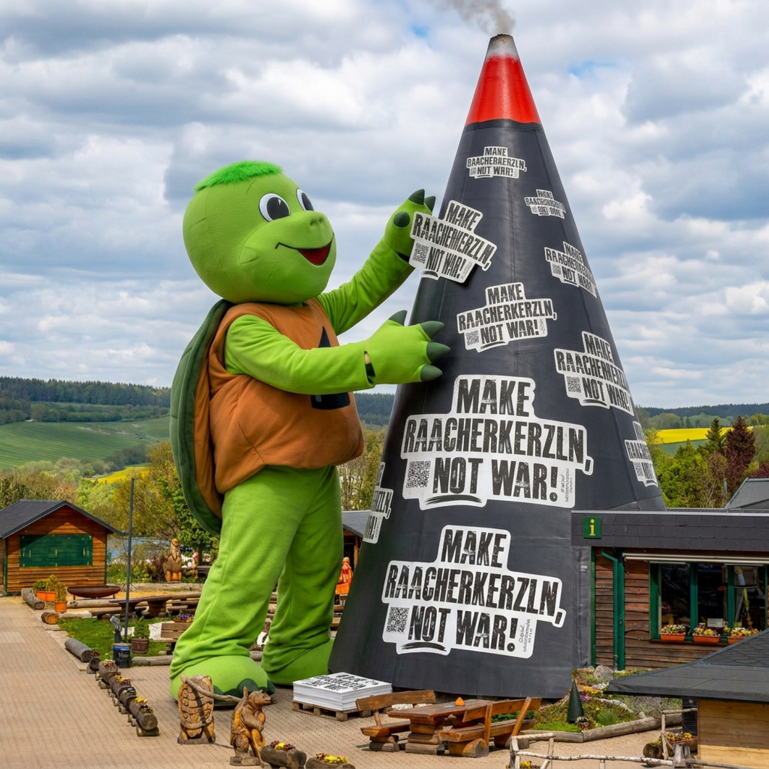 Ein riesiges Schildkrötenmaskottchen steht neben einem großen Kegel mit dem Aufkleber 