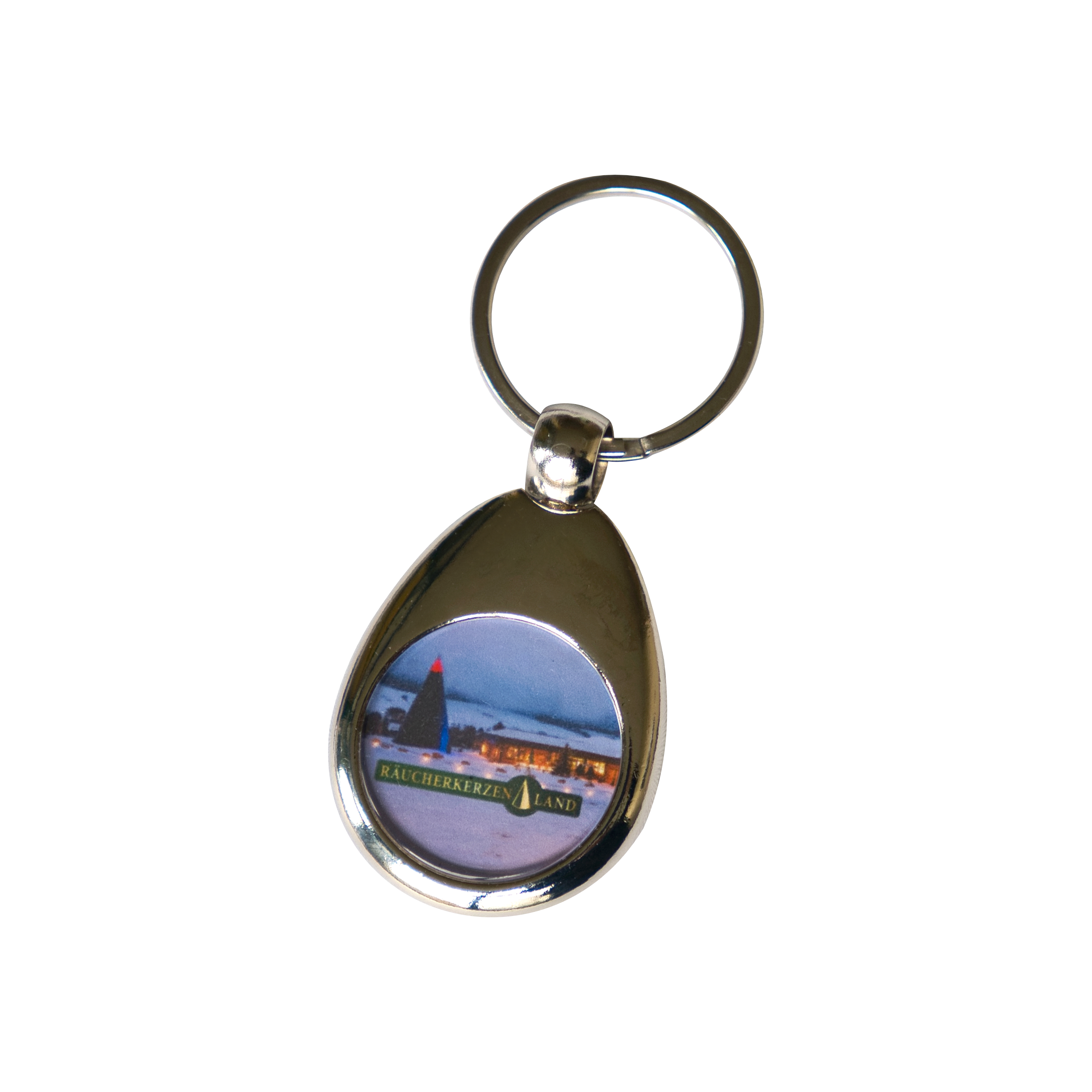 Tropfenförmiger Original-Crottendorfer Schlüsselanhänger aus Metall mit Winterfoto Räucherkerzenland und Chip, mit einer Winterlandschaft und dem Schriftzug RÄUCHERKERZEN LAND.